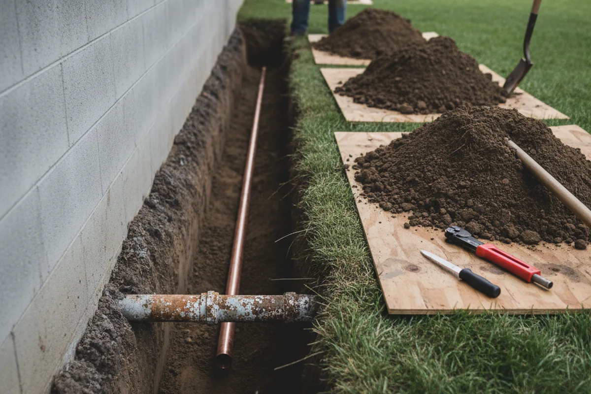 Excavated water line trench during Water Heater Repair in Iola